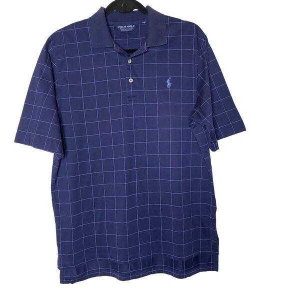POLO GOLF Ralph Lauren Shirt Windowpane Short Sleeve Cotton Mens M Navy Blue - Picture 2 of 12